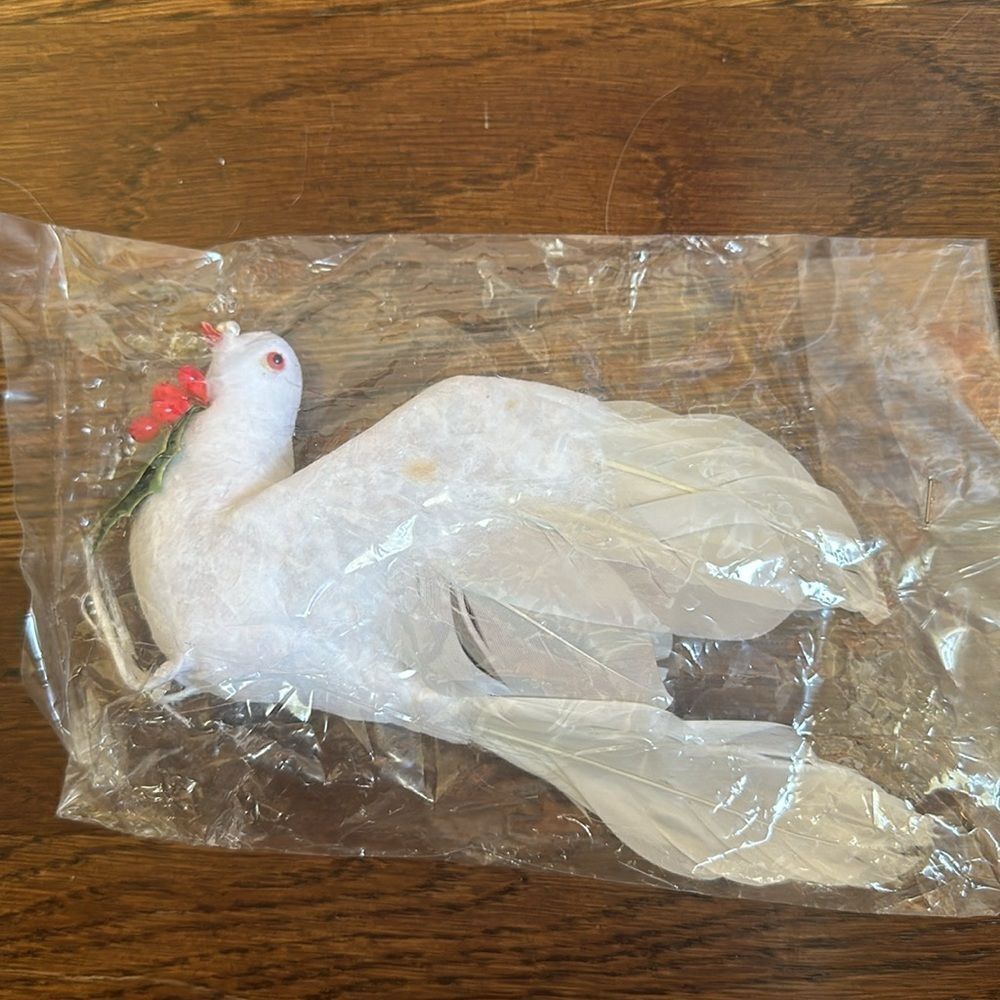 Vintage new in packaging white feathered bird Christmas‎ decoration/ornament